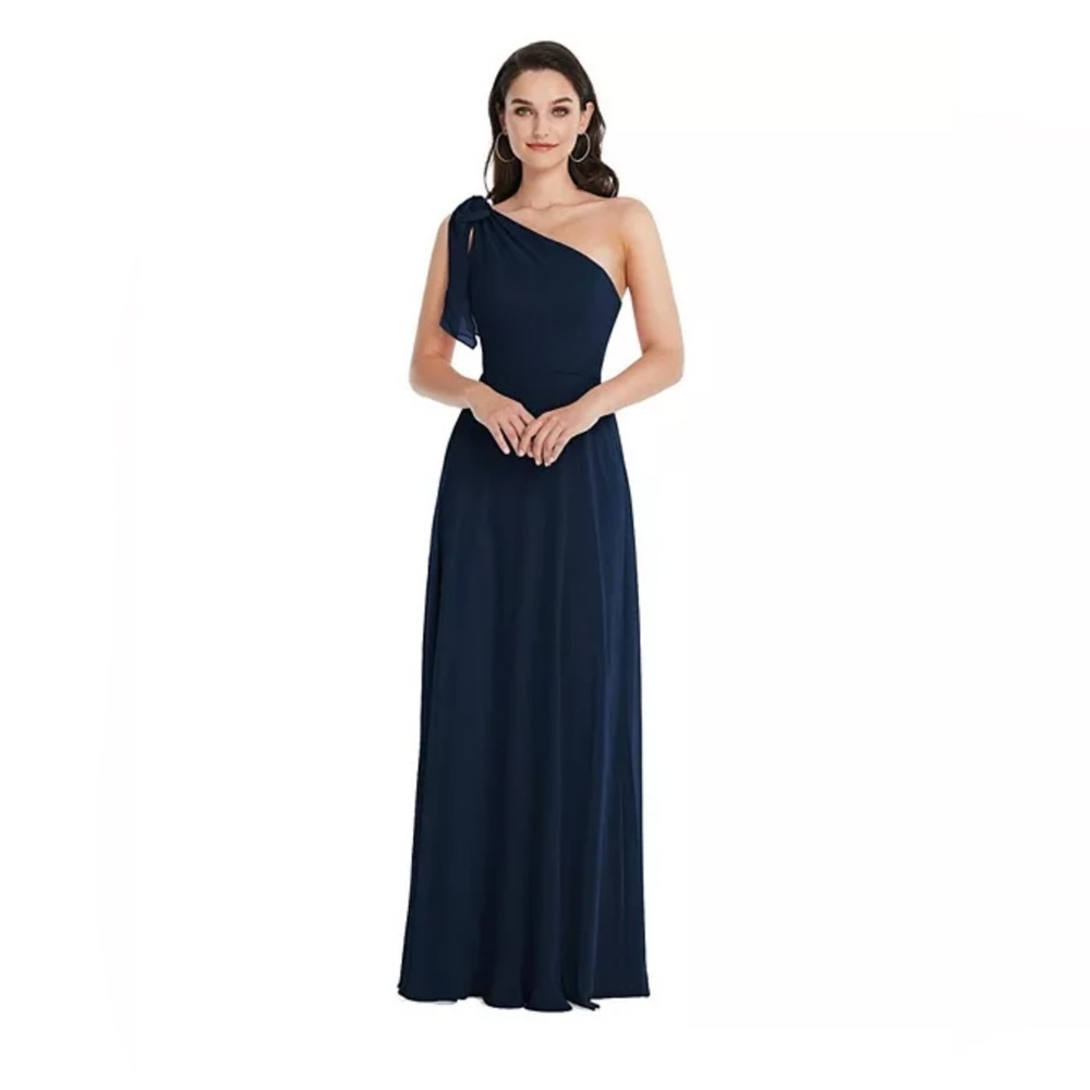 New After Six Womens Draped One Shoulder Maxi Dress with Scarf Bow Blue Size 8R